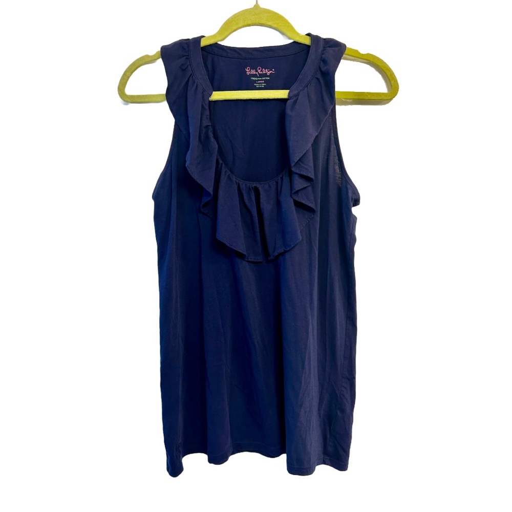 Lilly Pulitzer Ruffled Scoop Neck Cotton Tank Top in Navy , Size Large